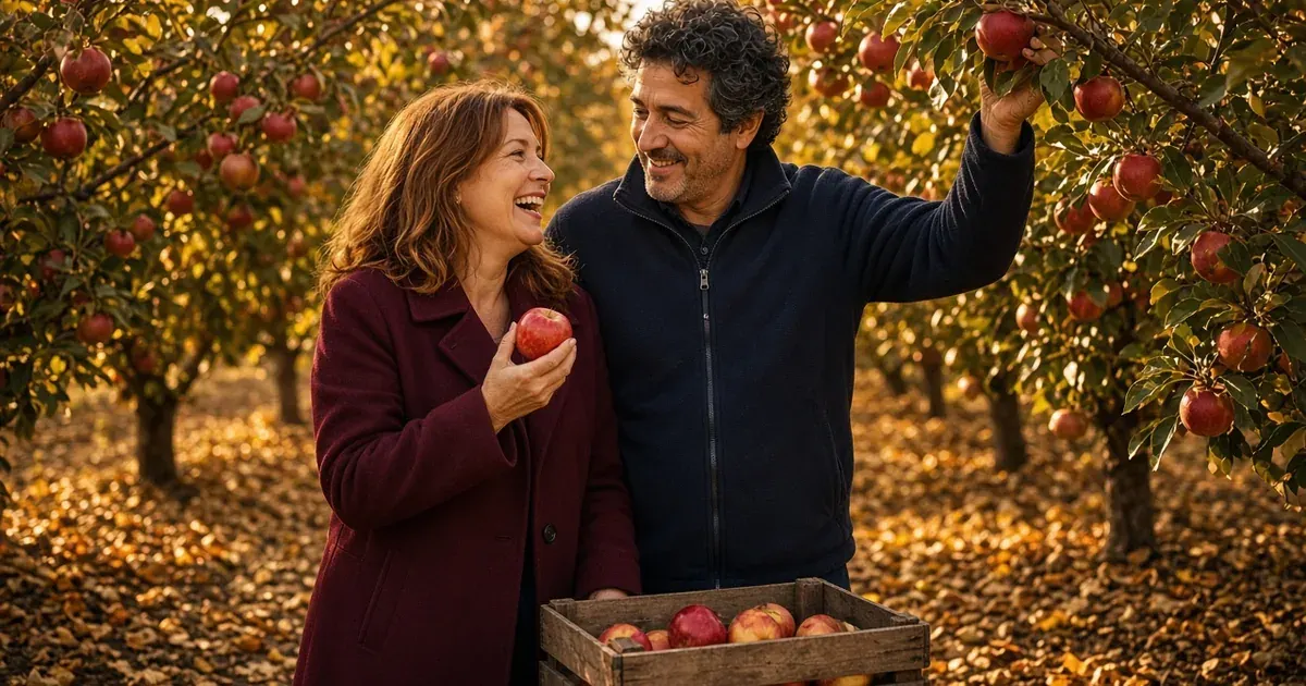 In an autumn orchard, a woman in a burgundy coat holds up an apple and laughs while a curly-haired man reaches for a branch.