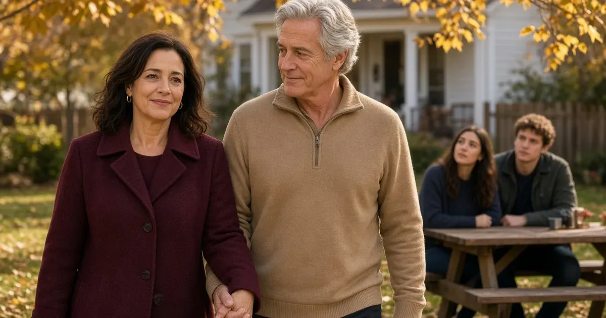 A woman in her late forties and a silver-haired man walk into a family backyard gathering where adult children look up
