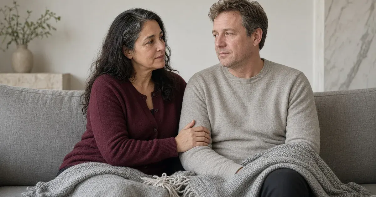 A couple in their forties sit close on a sofa under a blanket, the woman in a burgundy cardigan resting her hand on the man's arm as they talk quietly.
