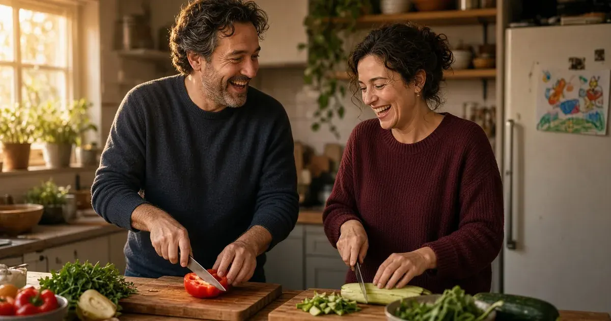 A man and a woman in their forties cooking together on a weeknight evening, she in a burgundy sweater.