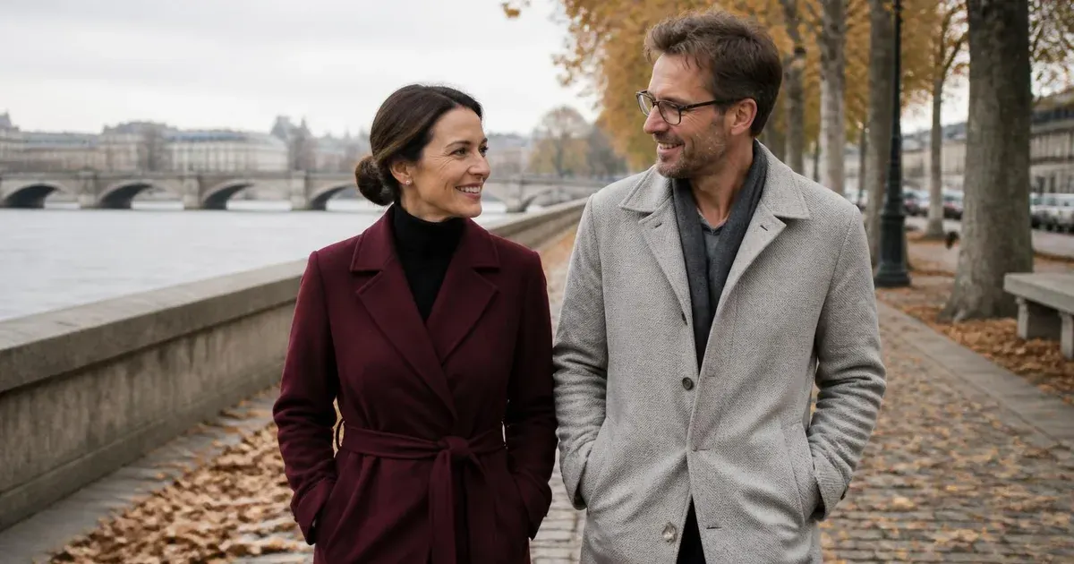 A woman in a burgundy coat and a man in a grey jacket, both in their forties, walking by a river in autumn.