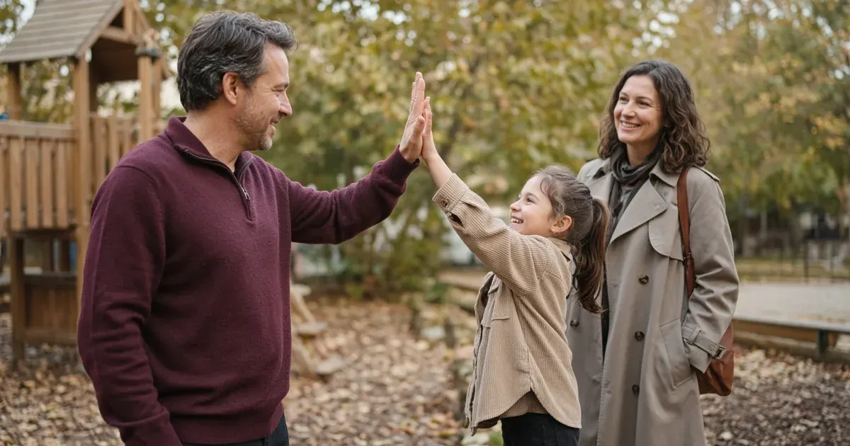 On a playground, a man in a burgundy quarter-zip high-fives a young girl while her mother, in a grey trench coat, smiles nearby.