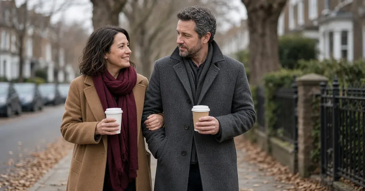 A couple in their forties walk arm in arm on a quiet Sunday street, talking, the woman in a burgundy scarf.