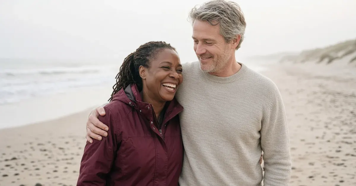 A couple in their late forties walk on a quiet beach in the morning, a woman in a burgundy jacket laughing as she leans into her partner.