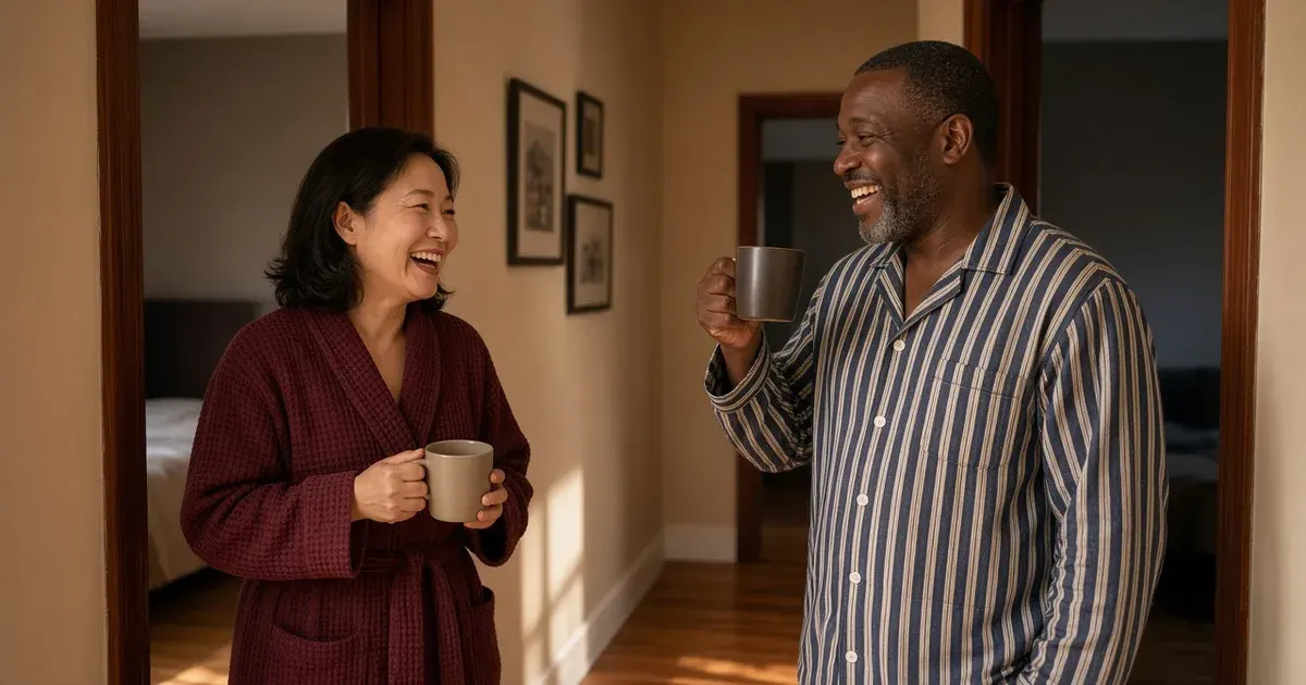 Two partners in their forties step out of separate bedroom doors with morning coffee and share a laugh in the hallway