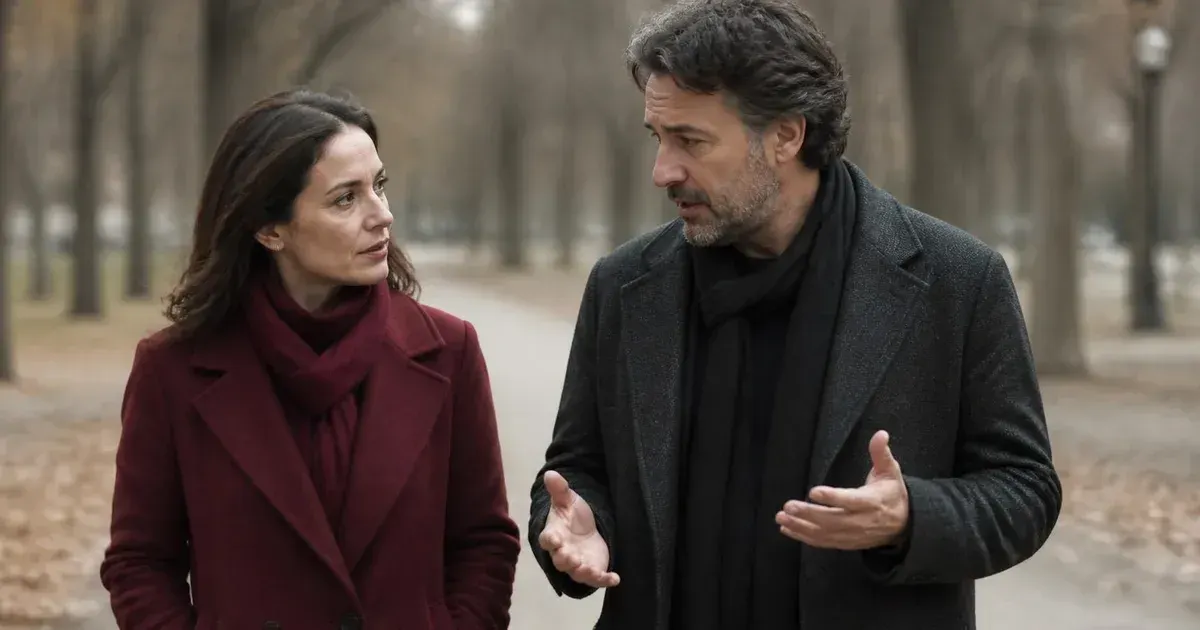 A couple in their forties talking openly on a park bench in autumn, she in a burgundy scarf.